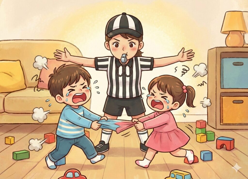 喧嘩している子どもたちと、レフェリーの格好をした親御さんの画像